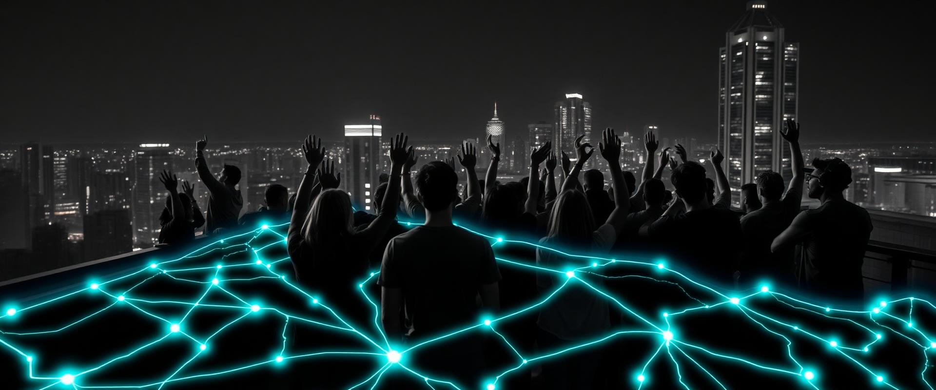 Comunidad de músicos conectada por líneas de luz neón sobre una ciudad de noche